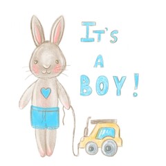 Little bunny boy. Hand drawn portrait cute rabbit with text it's a boy