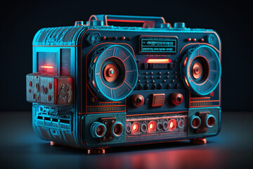 Fototapeta premium Retro radio tape recorder, in blue-red neon gradient light