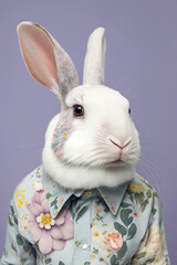Fototapeta na wymiar portrait of a rabbit wearing a floral shirt
