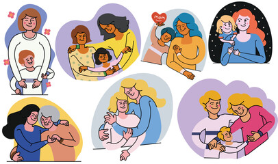   mothers day stickers,vector illustration stickers print, mom love and smileys  