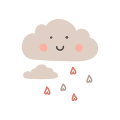 Cute Kawaii cloud with rain hearts. Vector illustration