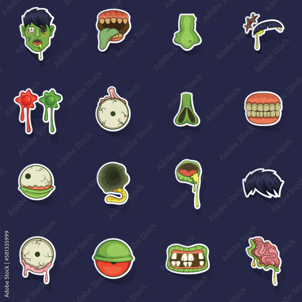 Poster zombie parts icons set stikers collection vector with shadow on purple background - Posters