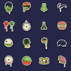 Zombie parts icons set stikers collection vector with shadow on purple background