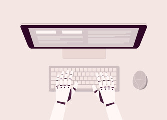 Top View Of Both Robotic’s Hand Typing On Computer Keyboard In Front Of Desktop Monitor. Close-Up. Flat Design Style, Character, Cartoon.