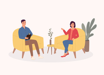 Smiling Female Client Talking To Her Psychologist Who Is Listening While Taking Notes During The Consultation Session. Psychology. Psychotherapy. Psychiatric. Counselee. Psychiatrist.