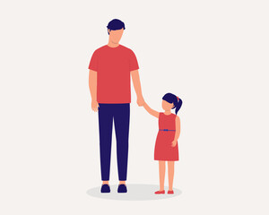 Father With One Child Holding His Daughter's Hand. Full Length. Flat Design Style, Character, Cartoon.