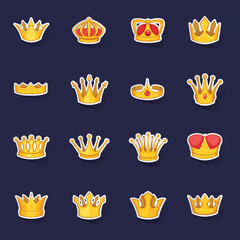 Crown icons set stikers collection vector with shadow on purple background