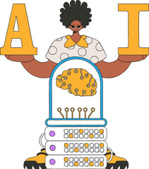 ﻿Illustration of man holding A & I letters, portraying AI theme.