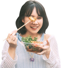 Asian foodie woman traveler eating spicy food thai menu  isolated transparent background