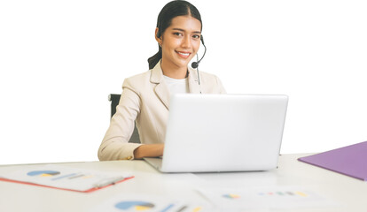 Business asian woman callcenter using laptop computer isolated transparent background