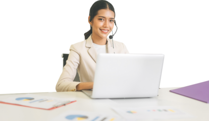 Business asian woman callcenter using laptop computer isolated transparent background