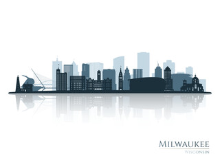 Milwaukee skyline silhouette with reflection. Landscape Milwaukee, Wisconsin. Vector illustration. - obrazy, fototapety, plakaty