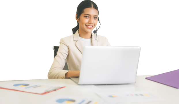 Business asian woman callcenter using laptop computer isolated transparent background - Powered by Adobe