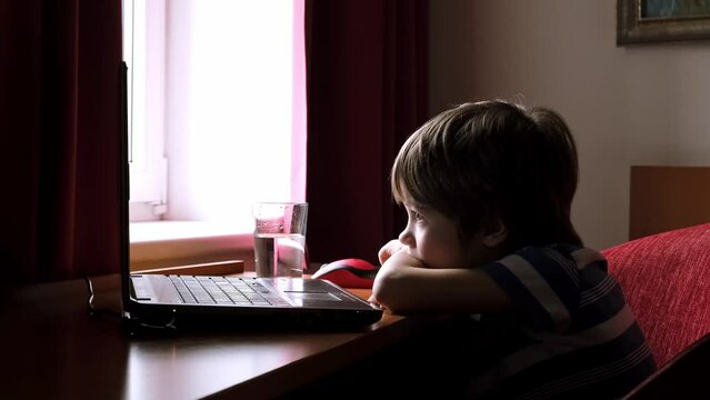 6 year boy attentively looking at laptop screen. Child watching horror video engrossed. Emotions of fear and horrible. Concept of useless content. Parental control. Bad effect on the psyche. Too near.