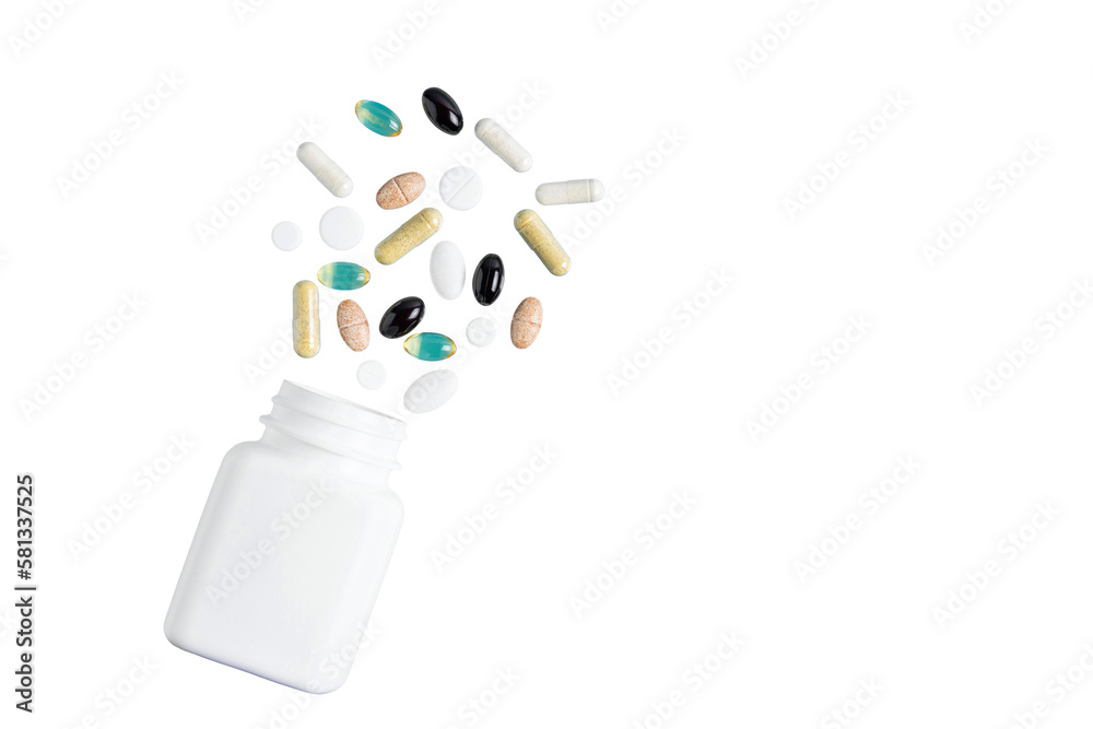 Wall mural Various multicolor capsules, herbal vitamin pills or drugs for treatment, isolated on transparent background, medicine and healthcare concept, top view