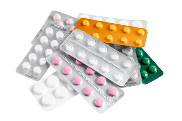 Pile of various pills and tablets in a blister packs, isolated on transparent background,...