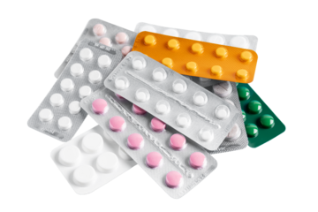 Pile of various pills and tablets in a blister packs, isolated on transparent background, healthcare and medicine concept