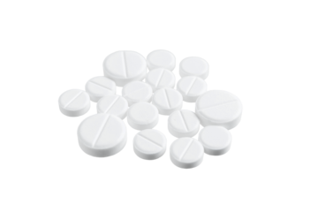 White therapeutic pills or drugs for treatment, isolated on transparent background, medicine and healthcare concept, close-up view