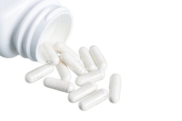 White therapeutic capsules, vitamin pills or drugs for treatment isolated on transparent...