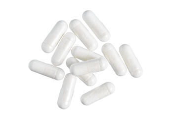 White therapeutic capsules, vitamin pills or drugs for treatment, isolated on transparent...