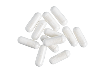 White therapeutic capsules, vitamin pills or drugs for treatment, isolated on transparent background, medicine and healthcare concept, top view