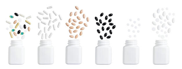 Composition of various multicolor capsules, herbal vitamin pills or drugs for treatment, isolated on transparent background, medicine and healthcare concept, top view