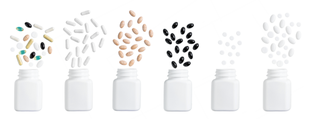 Composition of various multicolor capsules, herbal vitamin pills or drugs for treatment, isolated on transparent background, medicine and healthcare concept, top view