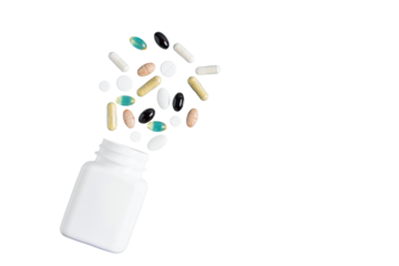 Various multicolor capsules, herbal vitamin pills or drugs for treatment, isolated on transparent background, medicine and healthcare concept, top view