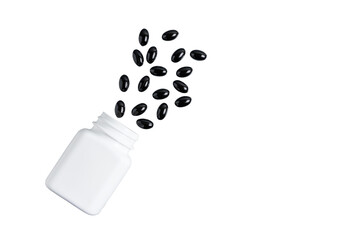 White bottle with black therapeutic capsules, vitamin pills or drugs for treatment, isolated on...