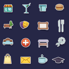Map landmarks objects icons set stikers collection vector with shadow on purple background