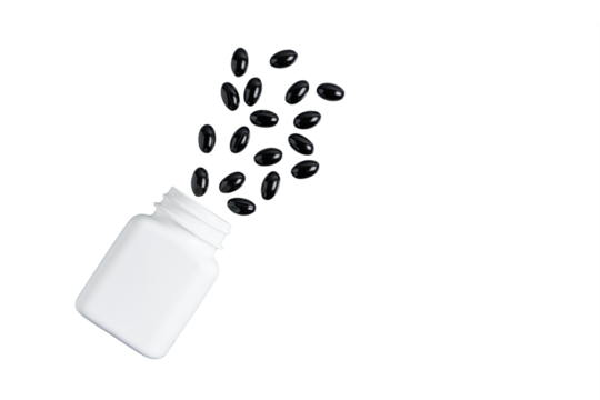 White bottle with black therapeutic capsules, vitamin pills or drugs for treatment, isolated on transparent background, medicine and healthcare concept, top view