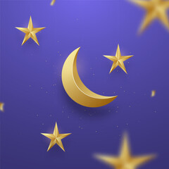 Obraz na płótnie Canvas Ramadan Kareem celebration greeting banner. 3D Realistic Golden Crescent Moon and stars hanging from above on purple background.
