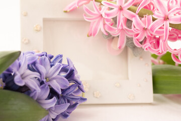 Toy frame for photo with a toy bear, blue and pink spring flowers on a white background with copy space. First photo mock up