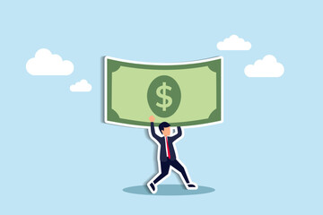 businessman carry money dollar banknote metaphor of capital, salary or income, wages to pay and purchase value, banking and investment, tax, economic and inflation concept. Paper Cut Style