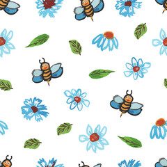 seamless pattern on white background watercolor flowers, leaves and bees