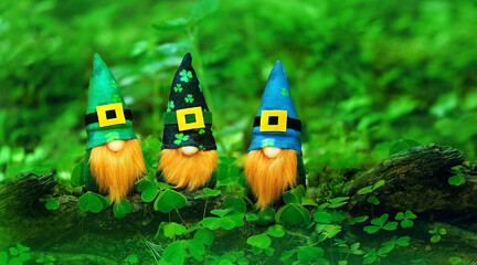 toy gnomes in forest, abstract green natural background. magic dwarfs in mystery nature. fairy tale image. spring, summer season. symbol of Ireland, St. Patrick day, traditional irish holiday - obrazy, fototapety, plakaty