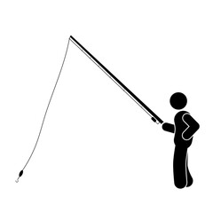 Fisherman silhouette with fishing rod on white background. Vector illustration.
