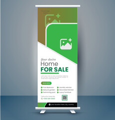 Corporate real estate roll up banner or pull up banner design template premium vector, billboard, banner stand or flag design layout. Poster for conference, forum, shop