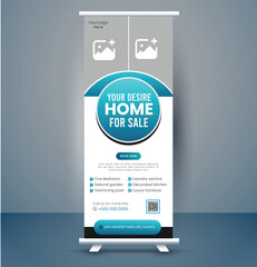 Corporate real estate roll up banner or pull up banner design template premium vector, billboard, banner stand or flag design layout. Poster for conference, forum, shop