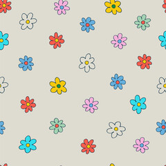 Seamless pattern with small colorful flowers in retro style. Retro 60s, 70s design for gift wrap, textile, home decor