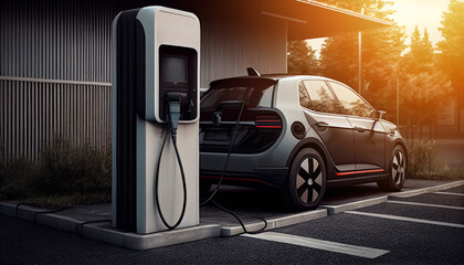 Fototapeta na wymiar EV Car or Electric vehicle at charging station with the power cable pump supply plugged, car fueling station connected power, alternative sustainable eco energy, Generative AI