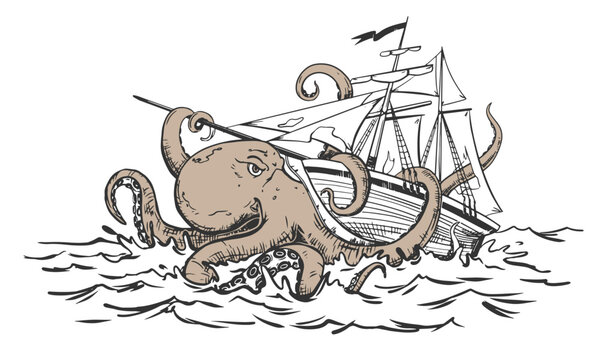 A mythical monster from the dark depths attacks the ship. The octopus wraps its tentacles around the ship and pulls it to the bottom. Vector image of the Kraken.