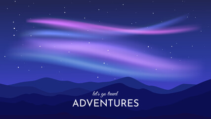 Vector illustration. Aurora landscape flat style design. Night starry sky with aurora borealis. Hills and mountains in foreground. Design for banner, wallpaper, invitation, greeting card.