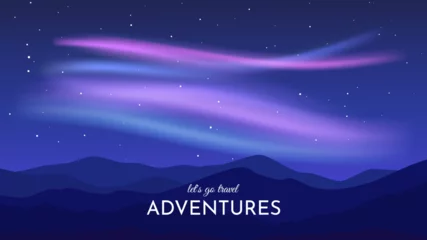 Papier Peint photo Bleu foncé Vector illustration. Aurora landscape flat style design. Night starry sky with aurora borealis. Hills and mountains in foreground. Design for banner, wallpaper, invitation, greeting card.