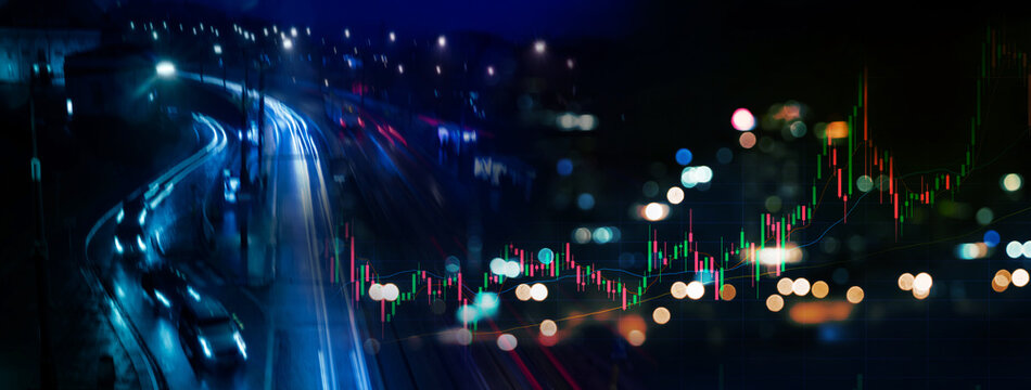 city night street and index number and graph of stock market business banner abstract background