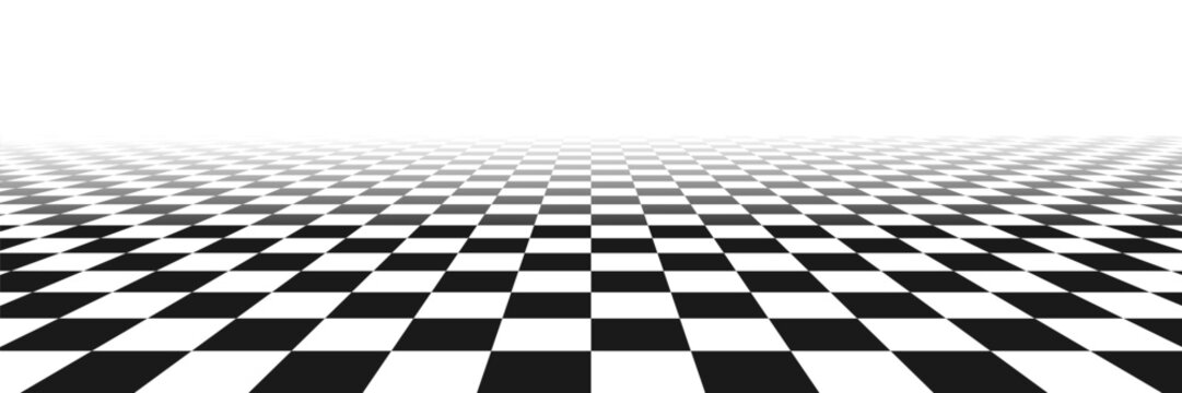 Chess perspective floor background. Black and white chessboard perspective floor texture. Checker board pattern surface. Fading away vanishing checkerboard background. Abstract vector illustration.