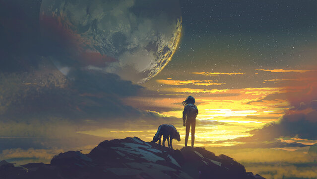 woman and wolf standing on the top of the mountain looking at the sunset., digital art style, illustration painting