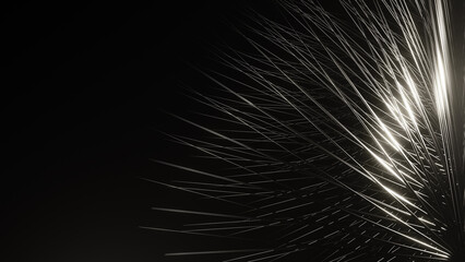 Abstract silver metallic hairs on black bg, 3D levitating structure, render futuristic wallpaper, modern illustration, grass texture, design element, visualisation, render, science fiction