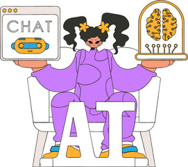 Girl chatting with AI shown in vector illustration; her hands hold it.