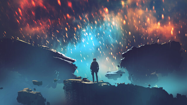 Fototapeta man standing on the floating rock looking at the sky full of fireballs., digital art style, illustration painting